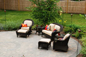 picture of a backyard patio with new hardscaping pavers and new patio furniture  - DeMichele Inc Media, PA